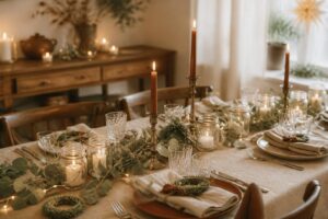Table de Noël décorée à la main avec eucalyptus et bougies en bocaux