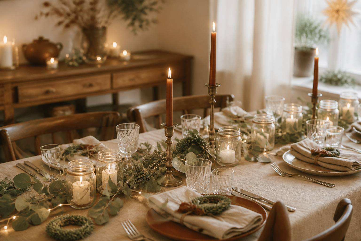 Table de Noël décorée à la main avec eucalyptus et bougies en bocaux