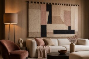 Tapisserie murale tissée au-dessus d'un canapé