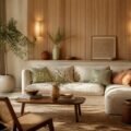 Mur de tasseaux en bois clair derrière un canapé en lin beige dans un salon