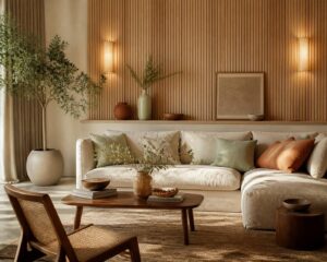 Mur de tasseaux en bois clair derrière un canapé en lin beige dans un salon