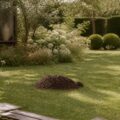 Taupinière de terre fraîche sur une pelouse de jardin avec une taupe discrète