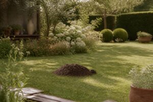 Taupinière de terre fraîche sur une pelouse de jardin avec une taupe discrète