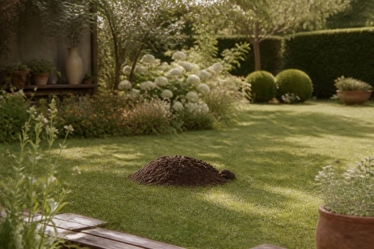 Taupinière de terre fraîche sur une pelouse de jardin avec une taupe discrète