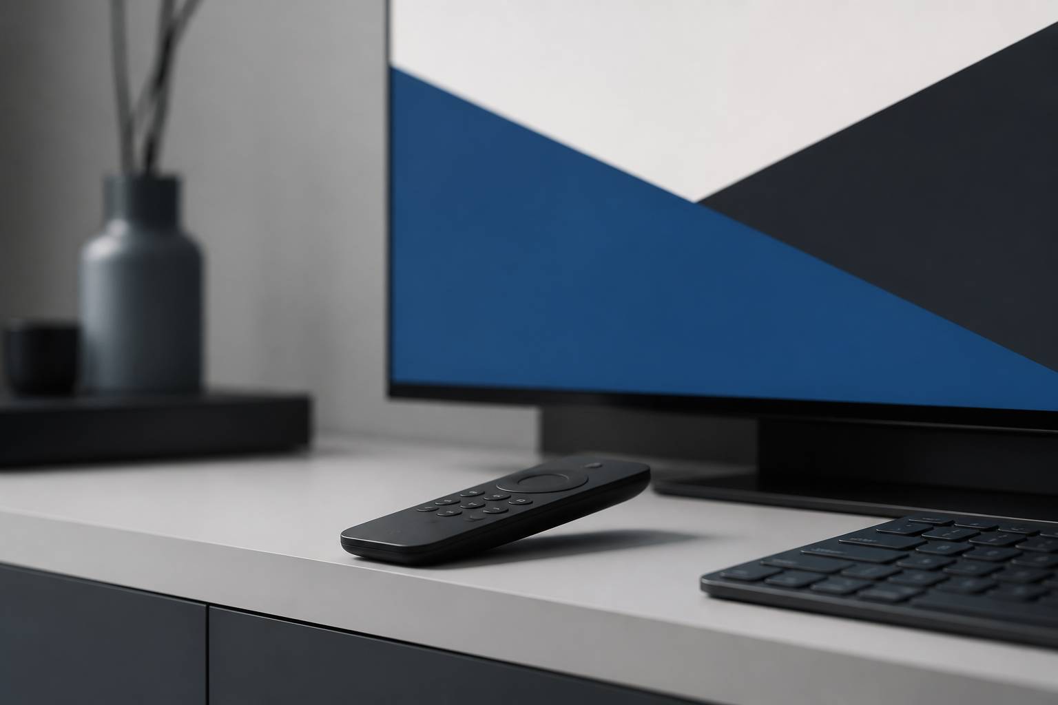 Télécommande et clavier près d'un écran aux aplats colorés