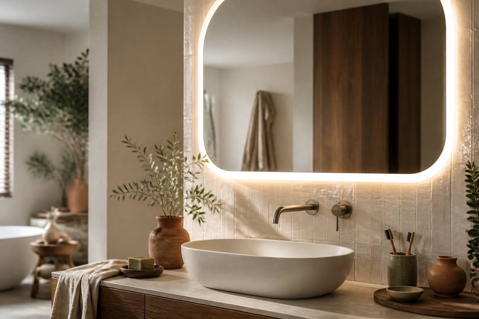 Miroir de salle de bains avec éclairage LED intégré à lumière chaude