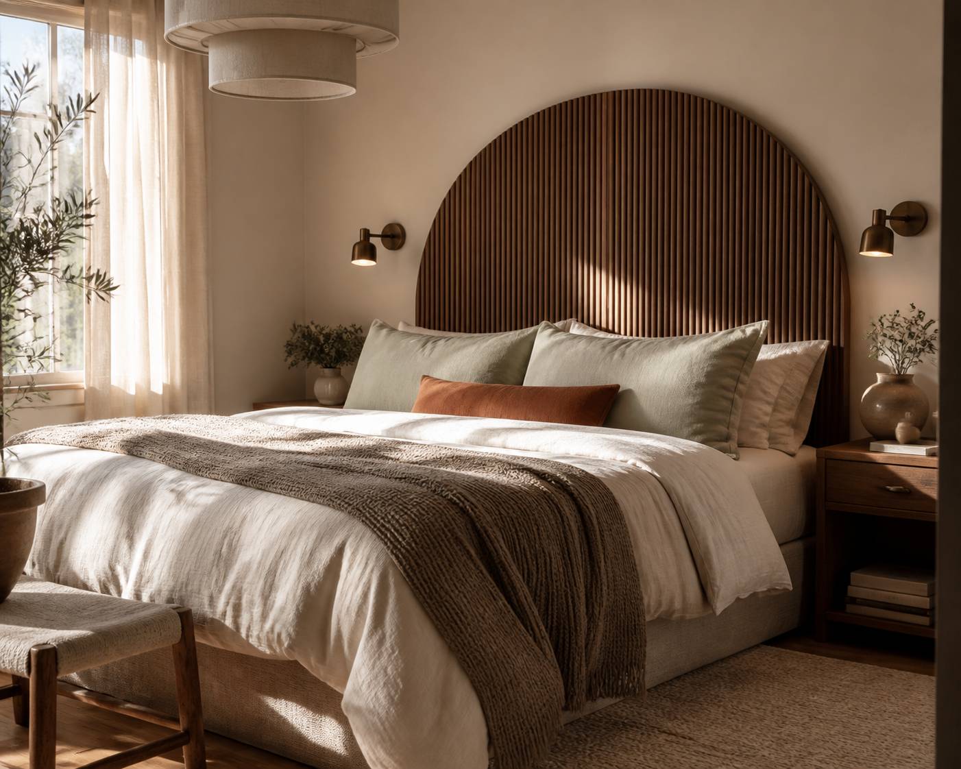 Tête de lit en arche de tasseaux en bois avec appliques dans une chambre cosy