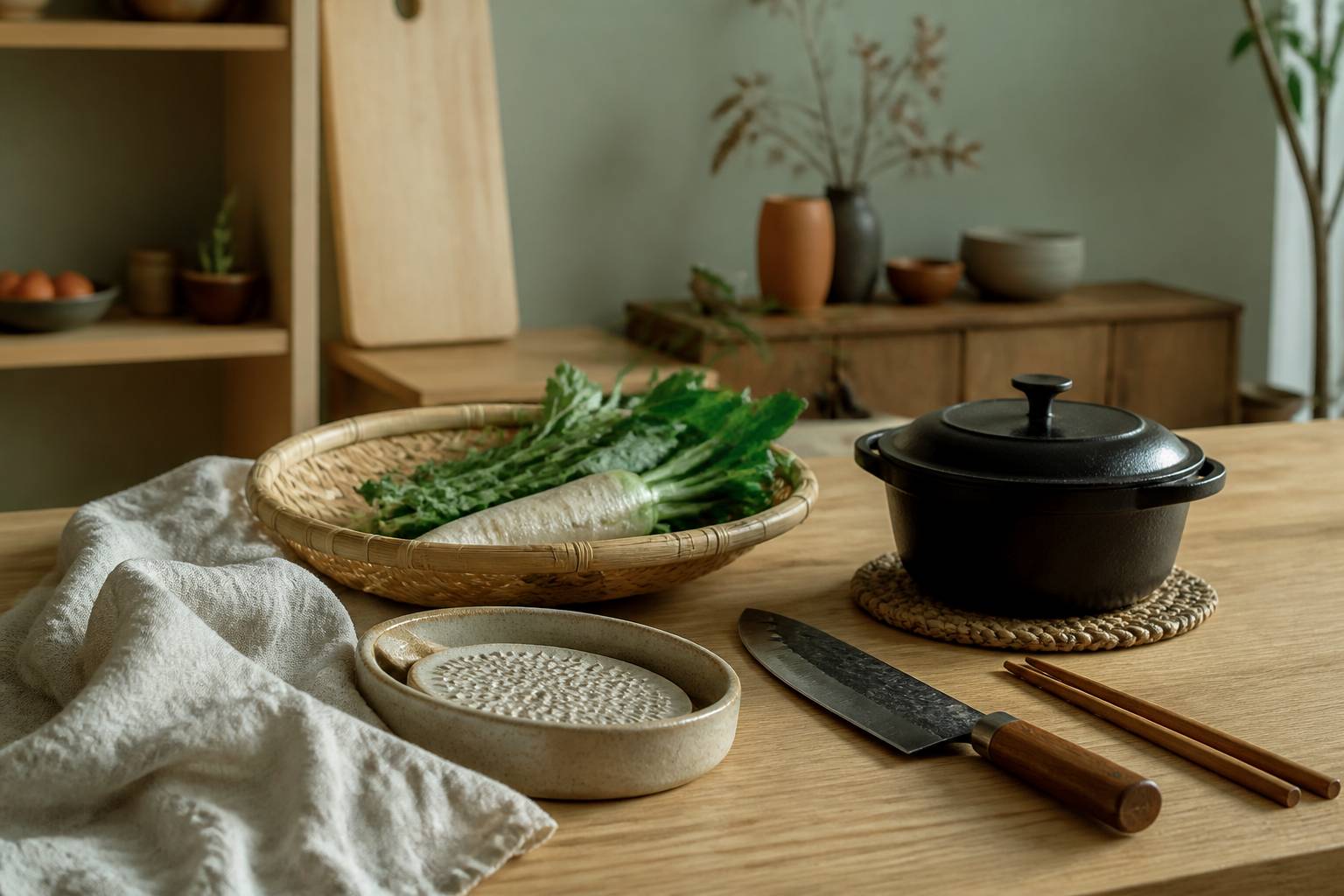 Couteau japonais, casserole en fonte et passoire en bambou sur un plan de travail