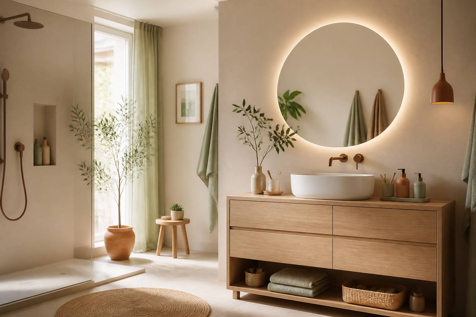 Meuble vasque en bois clair avec miroir rond éclairé en LED