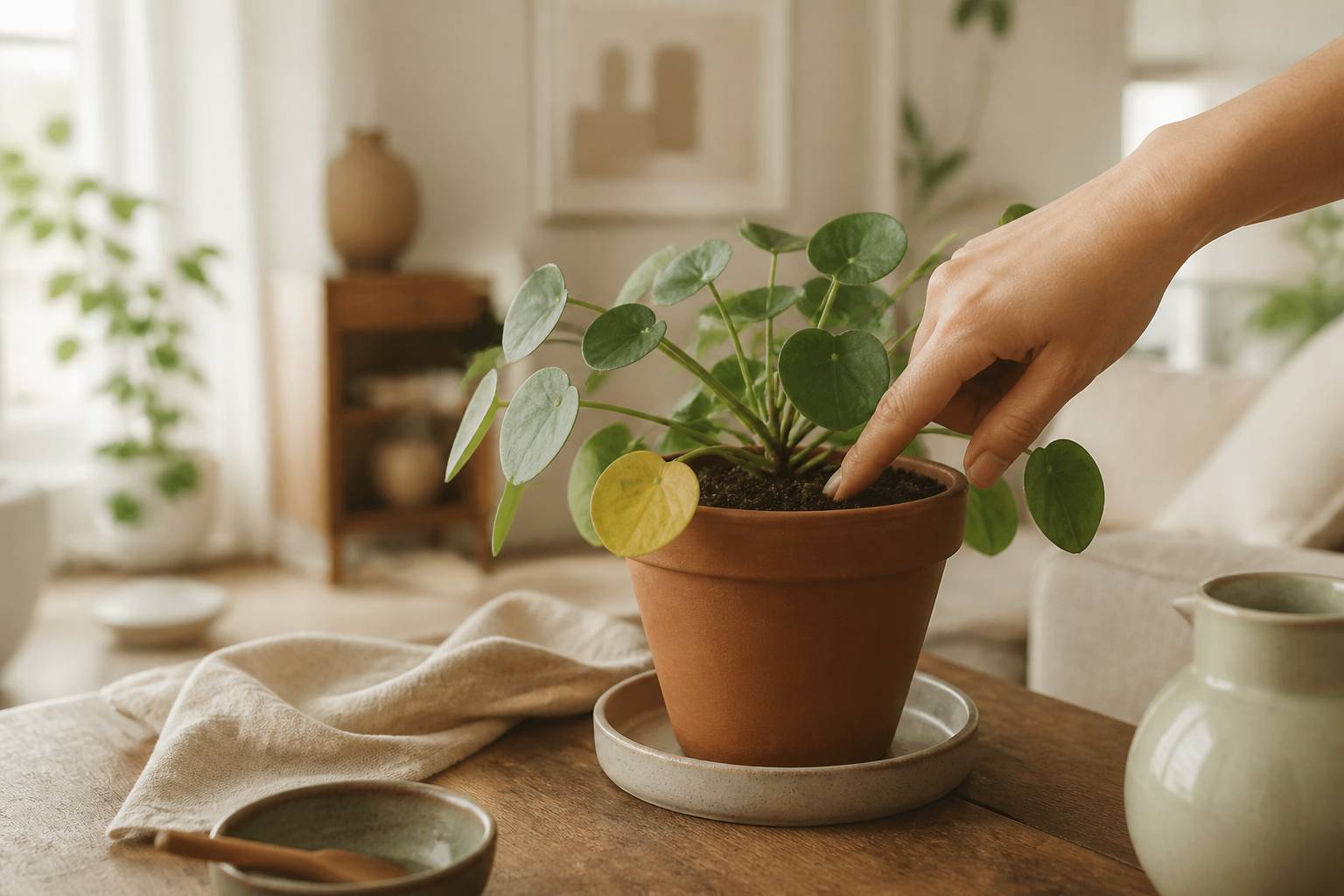 Main vérifiant l'humidité du terreau d'une plante en pot en terre cuite