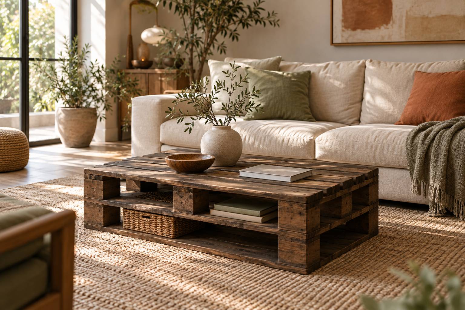 Illustration éditoriale du sujet : Astuces créatives pour concevoir une table basse unique à partir de palettes recyclées