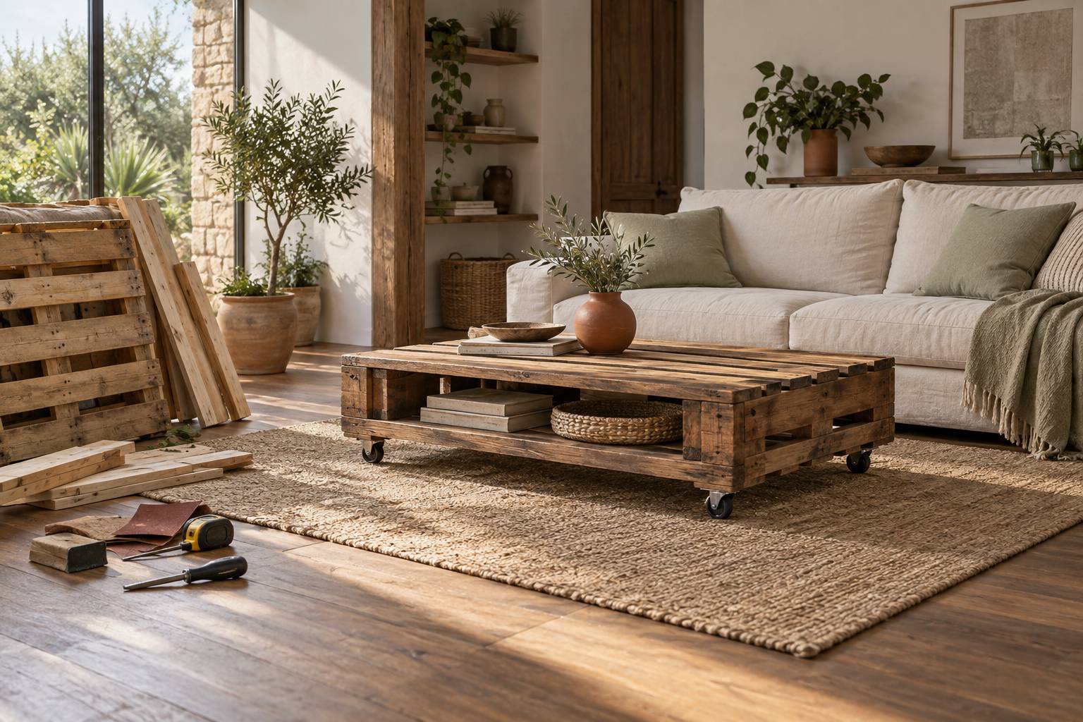 Illustration éditoriale du sujet : Astuces créatives pour concevoir une table basse unique à partir de palettes recyclées