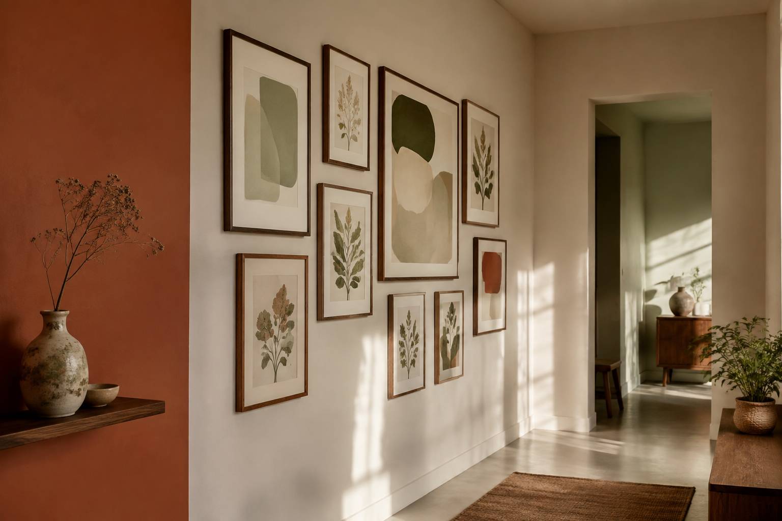 Mur de couloir habillé de cadres et d'un pan de peinture terracotta pour donner du caractère