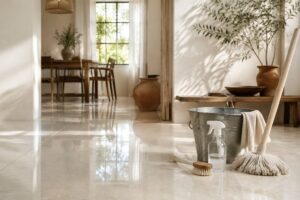 Sol en carrelage clair brillant avec seau, brosse et vaporisateur sans étiquette