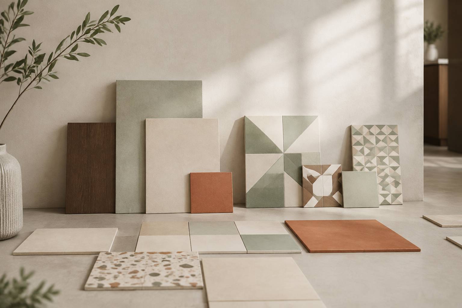 Échantillons de carrelage grès cérame et carreaux de ciment à motifs posés au sol d'une cuisine