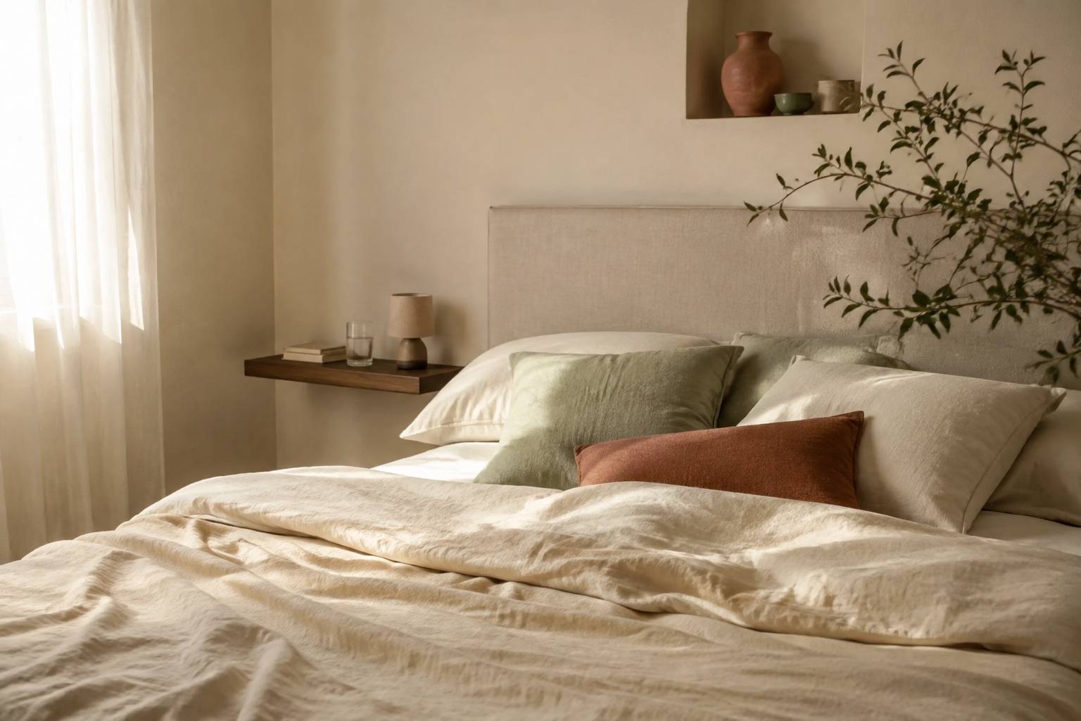 Chambre claire sans table de chevet avec étagère murale en bois près du lit