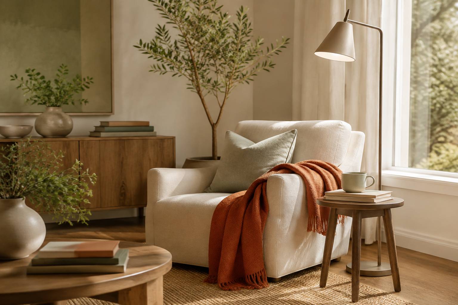Coin lecture cosy avec fauteuil en lin et lampe sur pied