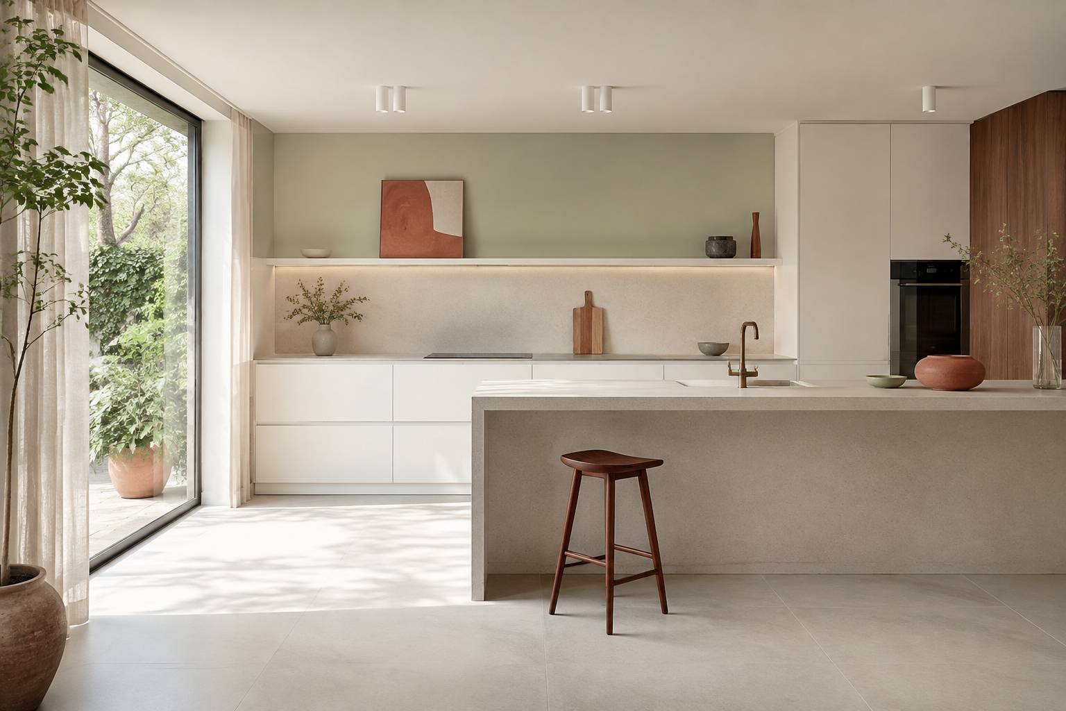 Cuisine contemporaine lumineuse au sol en grès cérame effet béton avec fenêtre et plan de travail