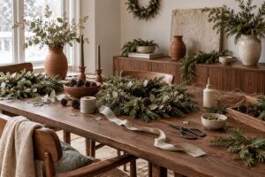 Couronnes de branchages et pommes de pin sur une table de bricolage