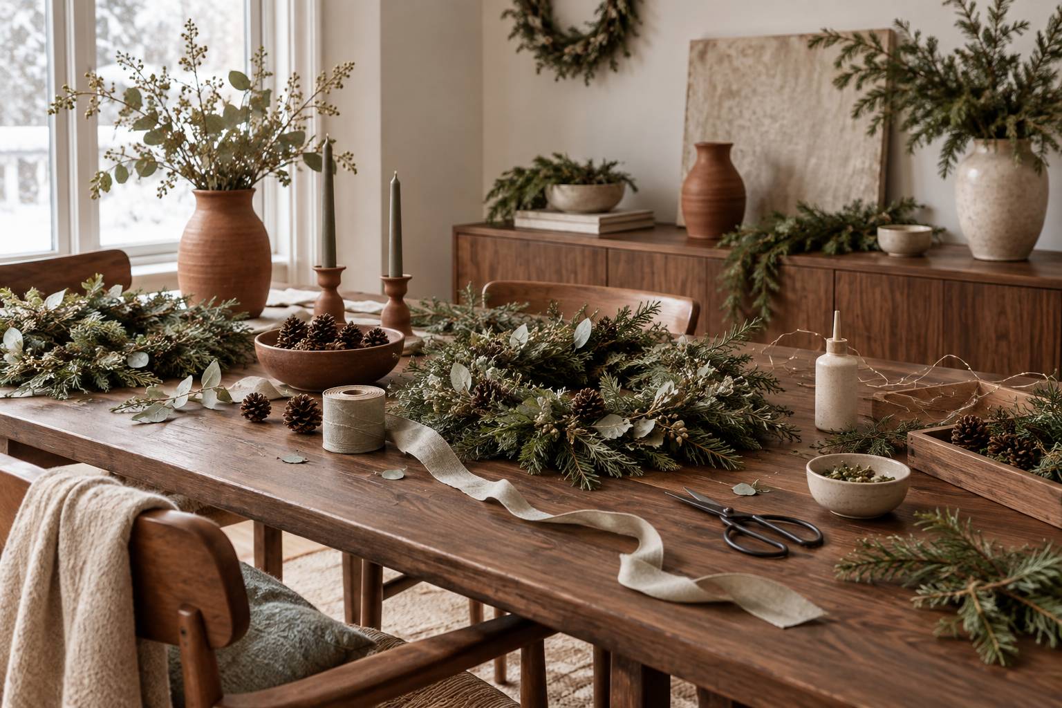 Couronnes de branchages et pommes de pin sur une table de bricolage