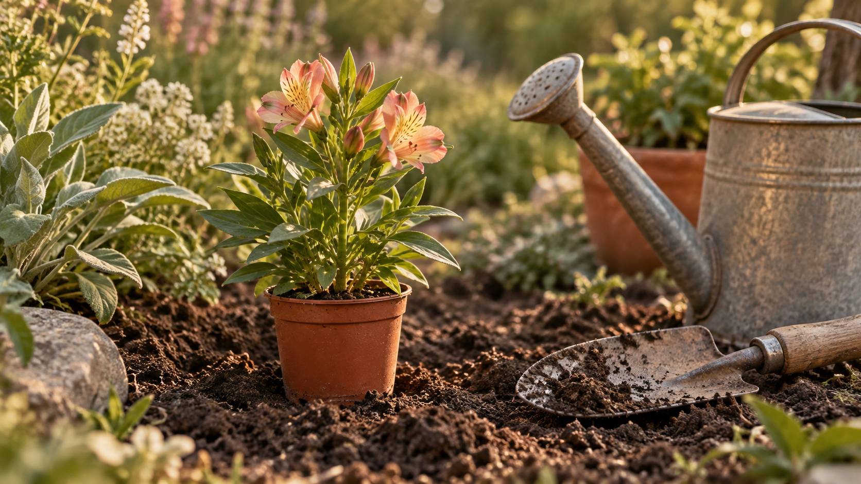 Jeune plant d'alstroemère en godet sur une terre de jardin fraîche