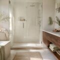 Douche moderne aux parois en verre brillantes et robinetterie chromée