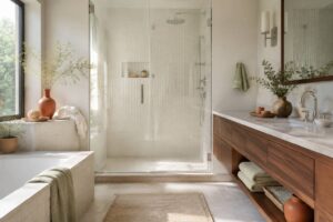 Douche moderne aux parois en verre brillantes et robinetterie chromée