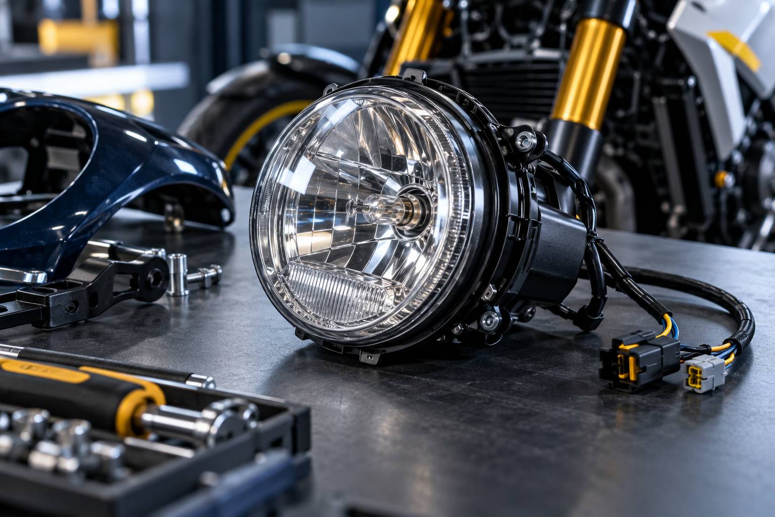Gros plan d'un phare de moto avec optique et connecteurs