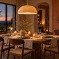 Salle a manger le soir eclairee par une suspension a lumiere chaude