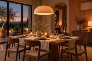 Salle a manger le soir eclairee par une suspension a lumiere chaude