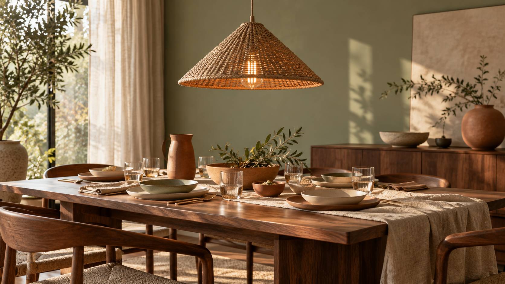 Suspension en matiere naturelle diffusant une lumiere chaude au-dessus d'une table