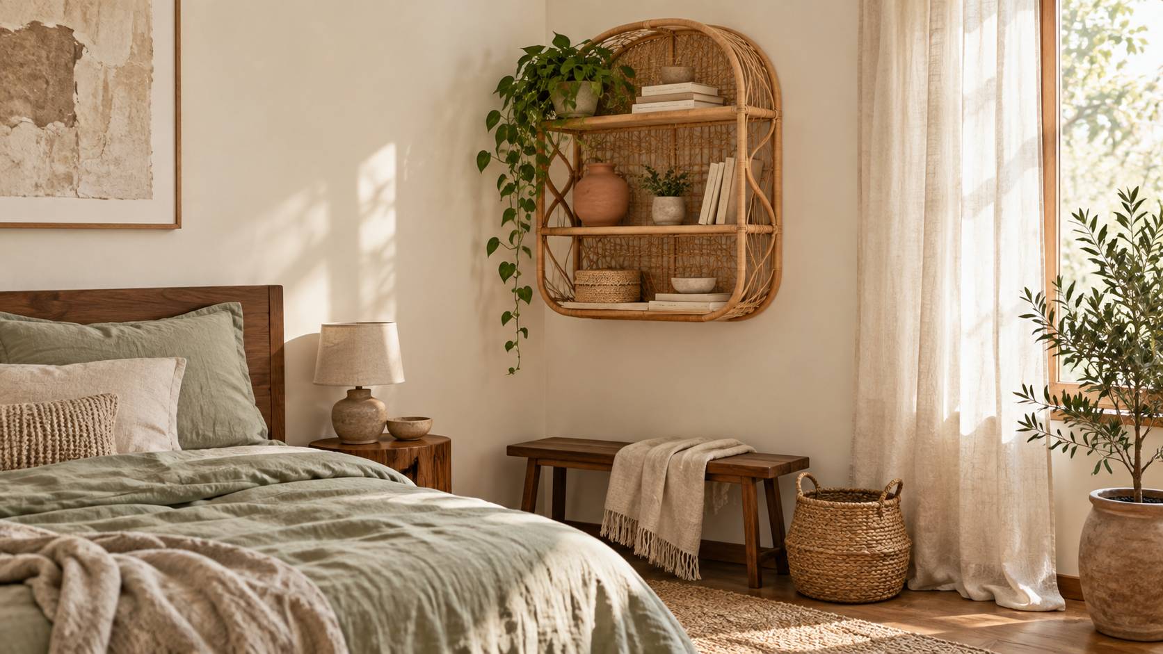 Illustration éditoriale du sujet : Étagères en rotin : 10 inspirations pour une déco naturelle et stylée