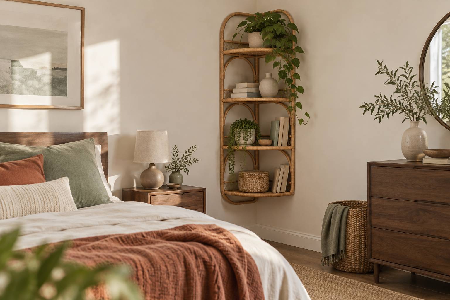 Illustration éditoriale du sujet : Étagères en rotin : 10 inspirations pour une déco naturelle et stylée
