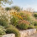 Massif de fleurs vivaces au soleil avec fleurs blanches, jaunes et sedums