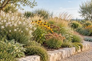 Massif de fleurs vivaces au soleil avec fleurs blanches, jaunes et sedums