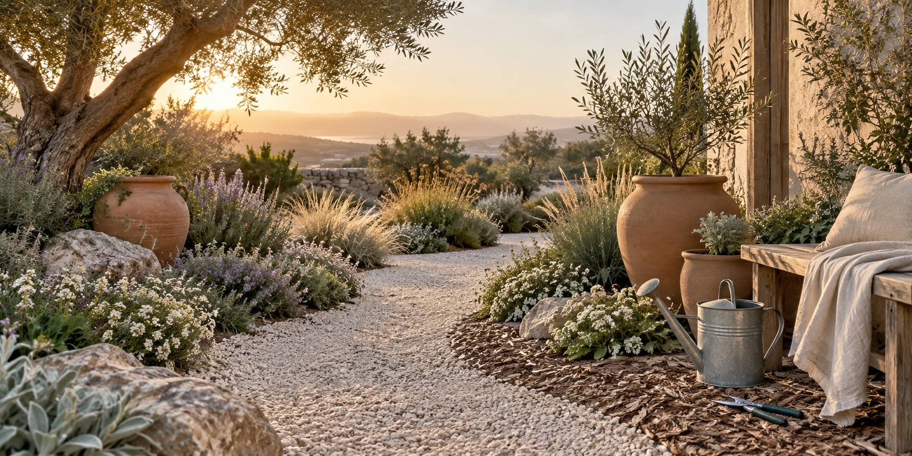 Jardin sec ensoleillé avec allée de gravier, poteries et arrosoir en zinc