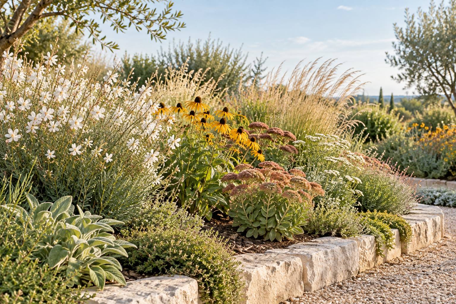 Massif de fleurs vivaces au soleil avec fleurs blanches, jaunes et sedums