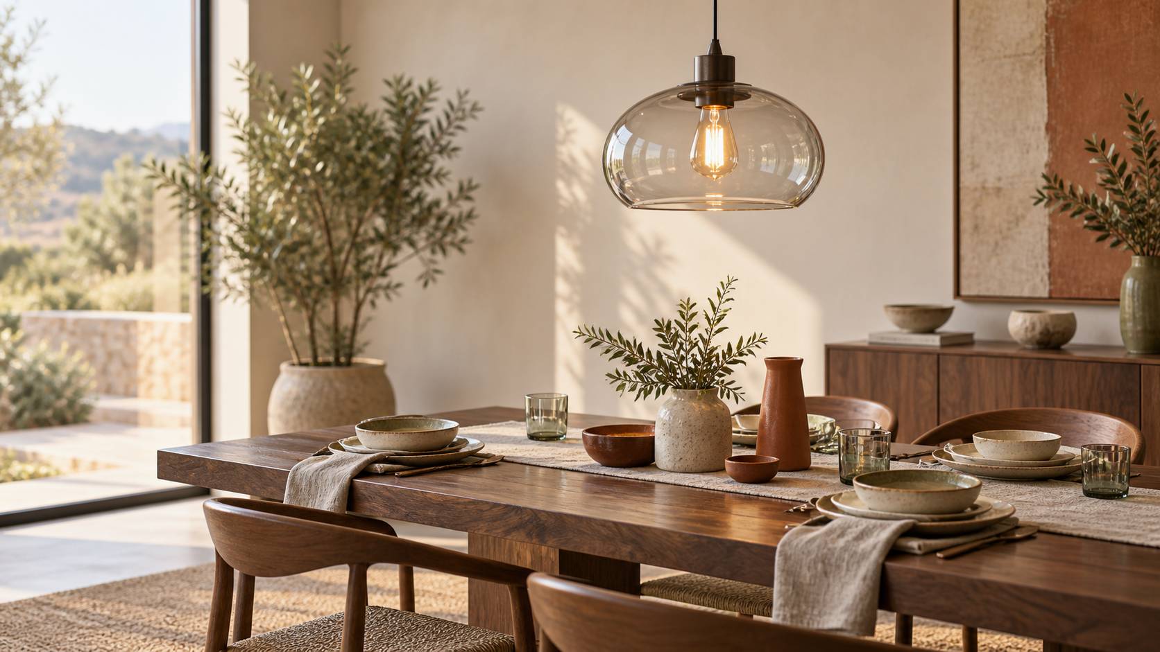 Gros plan sur une suspension allumée au-dessus d'une table en bois