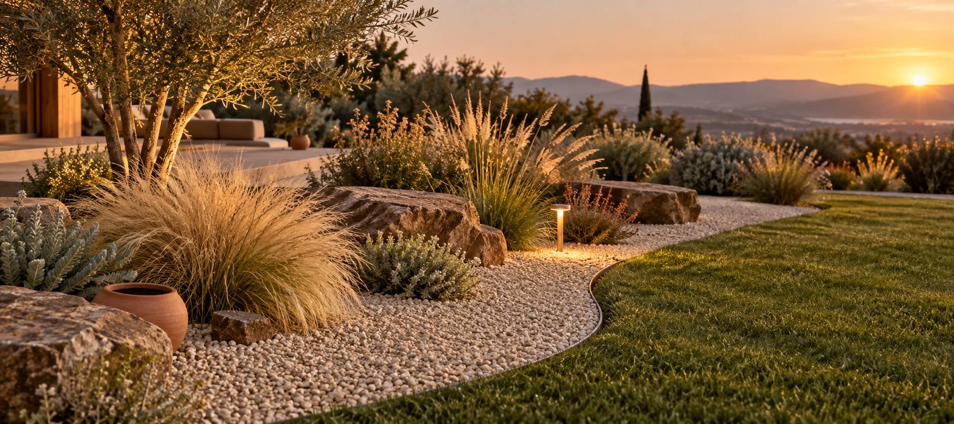 Jardin contemporain en gravier clair avec graminees, pas japonais et luminaire discret