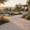 Jardin contemporain en gravier clair avec graminees, pas japonais et luminaire discret
