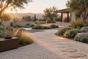 Jardin contemporain en gravier clair avec graminees, pas japonais et luminaire discret
