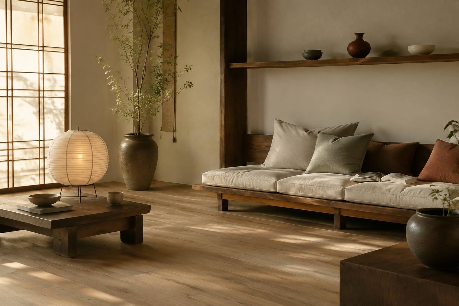Salon zen aux matières bois clair et paravent shoji