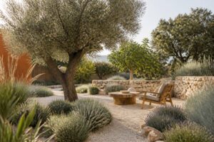 Jardin sec méditerranéen avec olivier, figuier et sol en gravier
