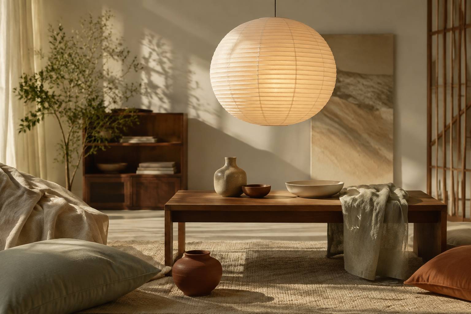 Suspension en papier éclairant une table basse en bois