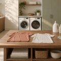 Buanderie claire avec panier de linge et tee-shirts poses a plat