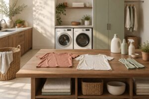 Buanderie claire avec panier de linge et tee-shirts poses a plat