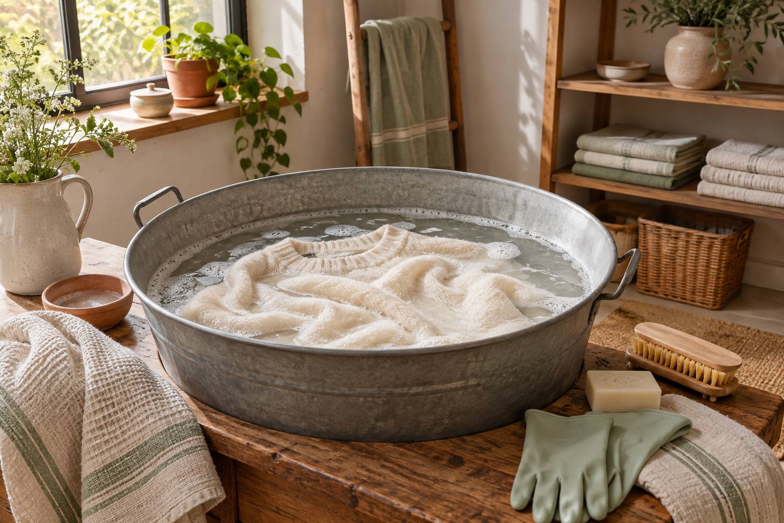 Pull clair en trempage dans un bac avec savon et brosse
