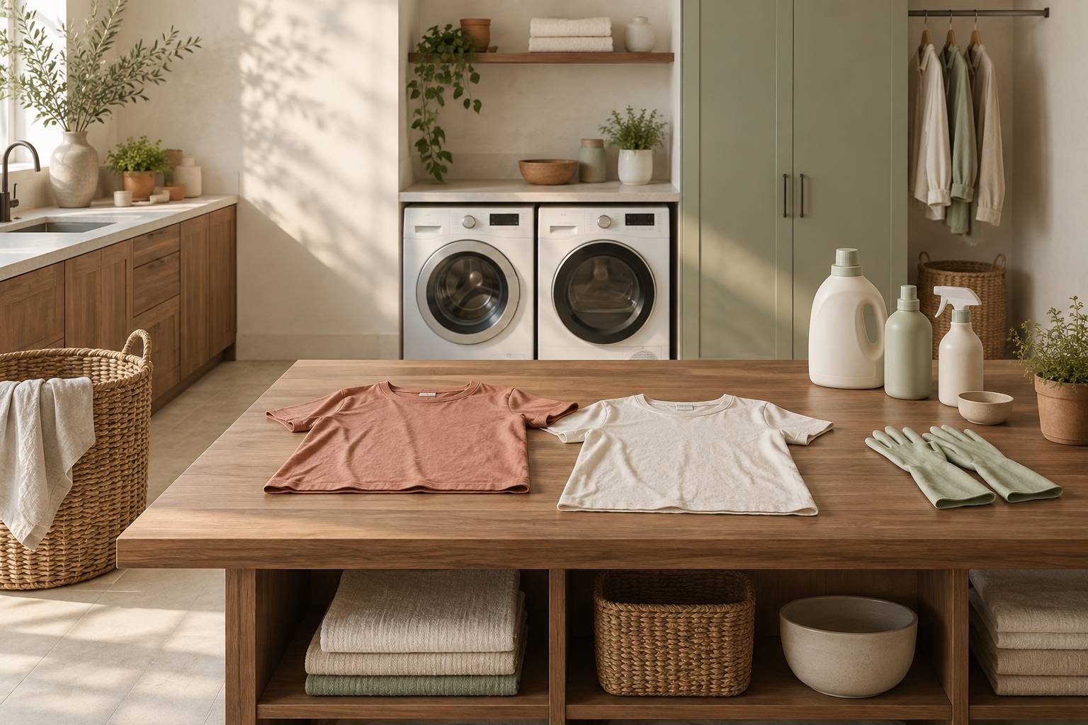Buanderie claire avec panier de linge et tee-shirts poses a plat