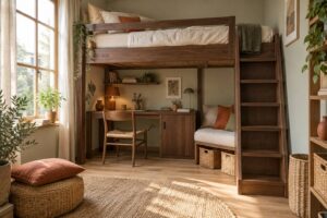 Illustration éditoriale du sujet : Lit mezzanine : 15 astuces ingénieuses pour optimiser l’espace dans une chambre compacte