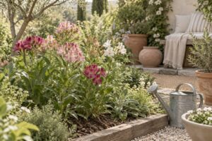 Massif d'alstroemères roses et pourpres dans un jardin ensoleillé